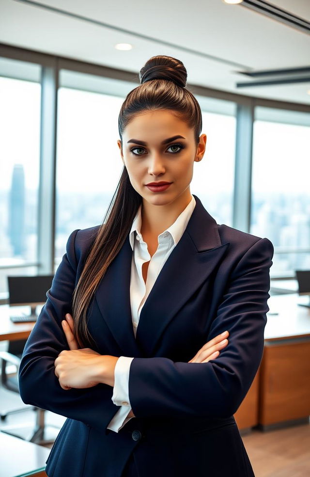 A portrait of an arrogant young businesswoman standing confidently in an upscale office environment