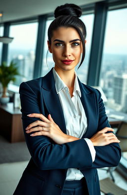 A portrait of an arrogant young businesswoman standing confidently in an upscale office environment