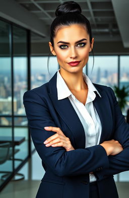 A portrait of an arrogant young businesswoman standing confidently in an upscale office environment