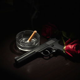 A moody 1920s style composition featuring a vintage ashtray containing a smoking cigarette butt resting on a dark wooden table