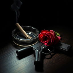 A moody 1920s style composition featuring a vintage ashtray containing a smoking cigarette butt resting on a dark wooden table