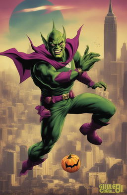 A 32k resolution vintage style poster of the Green Goblin from Marvel, printed on a 200mm vinyl medium