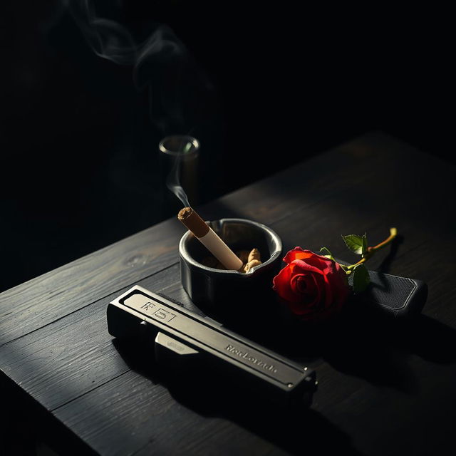 A moody 1920s style composition featuring a vintage ashtray containing a smoking cigarette butt resting on a dark wooden table