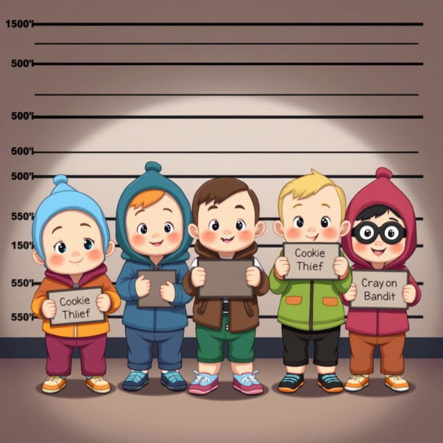 A humorous cartoonish scene of babies and toddlers aged 1 to 4 years styled as if they are being arrested