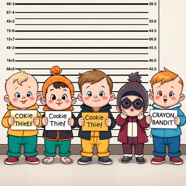 A humorous cartoonish scene of babies and toddlers aged 1 to 4 years styled as if they are being arrested