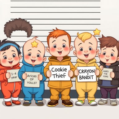 A humorous cartoonish scene of babies and toddlers aged 1 to 4 years styled as if they are being arrested