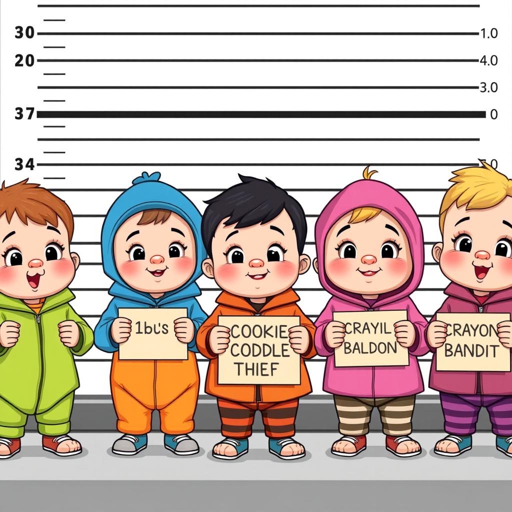 A humorous cartoonish scene of babies and toddlers aged 1 to 4 years styled as if they are being arrested