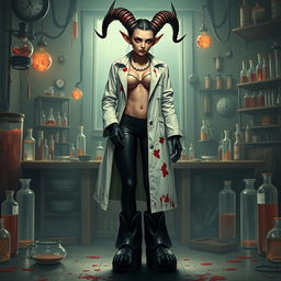 Ilanit, a stunning tiefling mad scientist with asymmetrical spiral-horned antelope-like horns that hint at her mental imbalance, is dressed in a blood-spattered longline vintage surgical jacket that perfectly flatters her figure