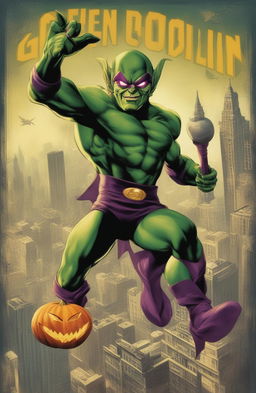 A 32k resolution vintage style poster of the Green Goblin from Marvel, printed on a 200mm vinyl medium