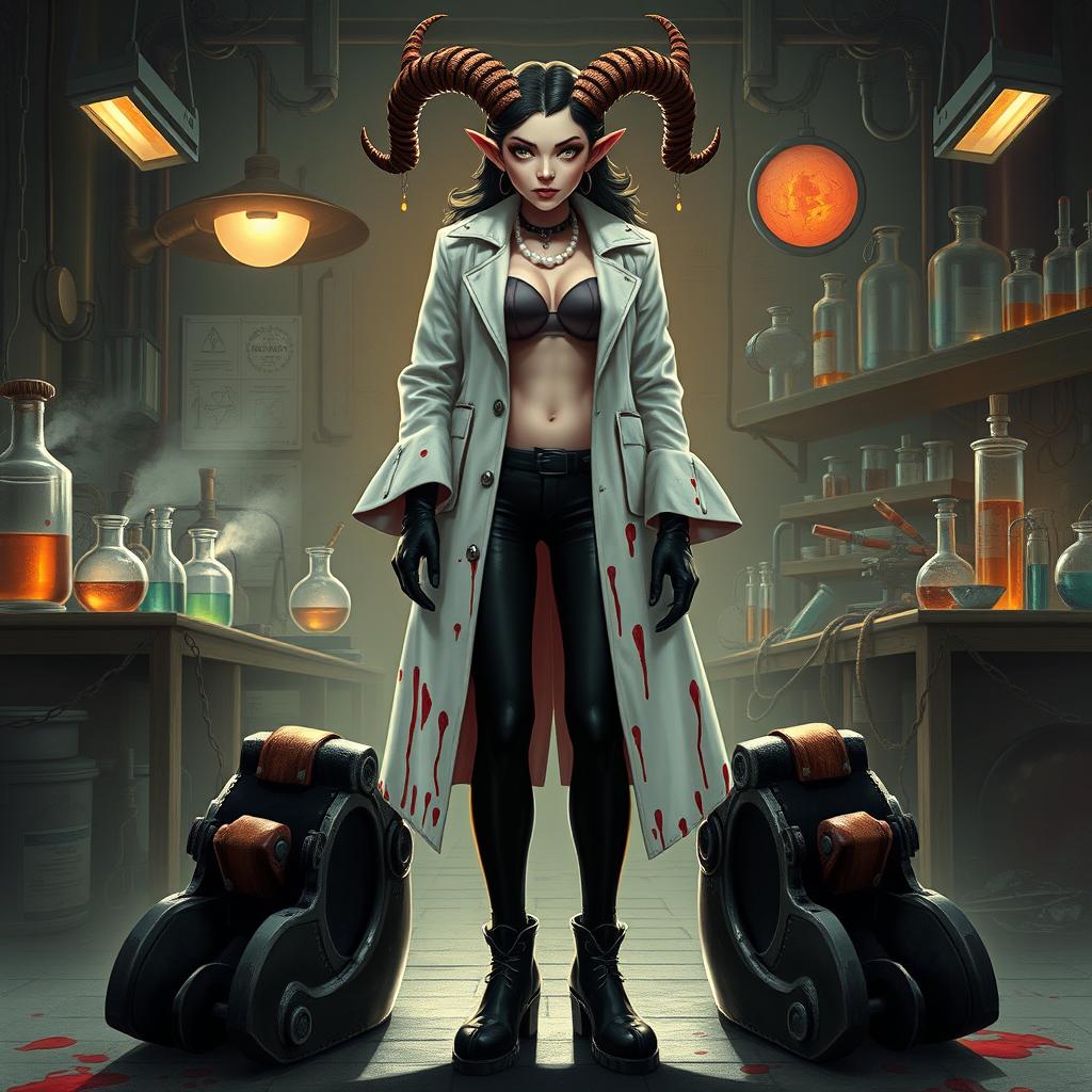 Ilanit, a stunning tiefling mad scientist with asymmetrical spiral-horned antelope-like horns that hint at her mental imbalance, is dressed in a blood-spattered longline vintage surgical jacket that perfectly flatters her figure