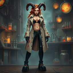 Ilanit, a stunning tiefling mad scientist with asymmetrical spiral-horned antelope-like horns that hint at her mental imbalance, is dressed in a blood-spattered longline vintage surgical jacket that perfectly flatters her figure