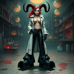Ilanit, a stunning tiefling mad scientist with asymmetrical spiral-horned antelope-like horns that hint at her mental imbalance, is dressed in a blood-spattered longline vintage surgical jacket that perfectly flatters her figure