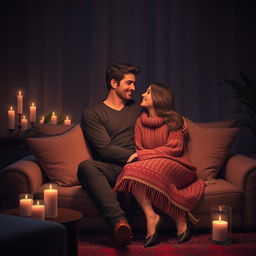 A romantic and intimate setting featuring a couple cuddling on a plush sofa in a dimly lit room, with soft ambient lighting creating a warm atmosphere