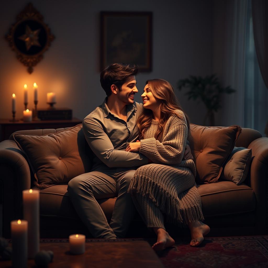 A romantic and intimate setting featuring a couple cuddling on a plush sofa in a dimly lit room, with soft ambient lighting creating a warm atmosphere