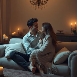 A romantic and intimate setting featuring a couple cuddling on a plush sofa in a dimly lit room, with soft ambient lighting creating a warm atmosphere