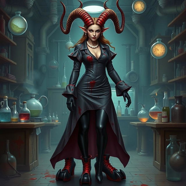 Ilanit, a captivating tiefling mad scientist with asymmetrical spiral-horned antelope-like horns that hint at her mental imbalance, is dressed in a blood-spattered high-collared longline vintage surgical dress that flatters her figure