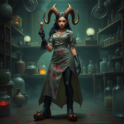 Ilanit, a captivating tiefling mad scientist with asymmetrical spiral-horned antelope-like horns that hint at her mental imbalance, is dressed in a blood-spattered high-collared longline vintage surgical dress that flatters her figure