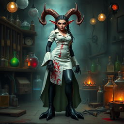 Ilanit, a captivating tiefling mad scientist with asymmetrical spiral-horned antelope-like horns that hint at her mental imbalance, is dressed in a blood-spattered high-collared longline vintage surgical dress that flatters her figure