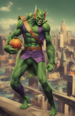 A 32k resolution vintage style poster of the Green Goblin from Marvel, printed on a 200mm vinyl medium