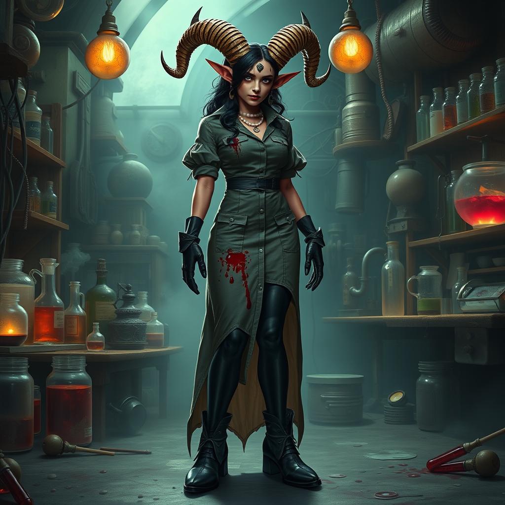 Ilanit, a captivating tiefling mad scientist with asymmetrical spiral-horned antelope-like horns that hint at her mental imbalance, is dressed in a blood-spattered high-collared longline vintage surgical dress that flatters her figure