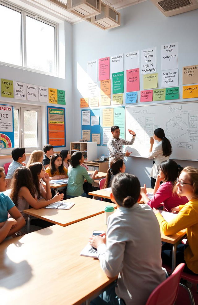 A vibrant and engaging classroom with students excitedly learning English