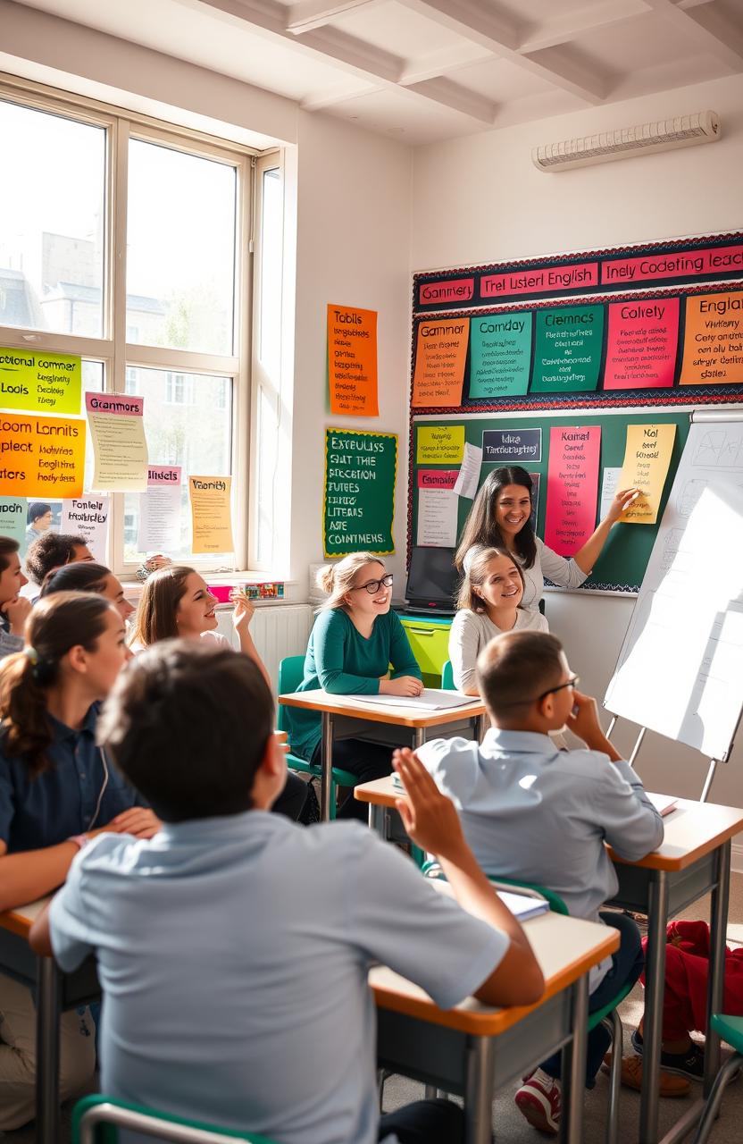 A vibrant and engaging classroom with students excitedly learning English