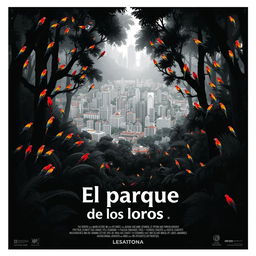 A movie poster for 'El parque de los loros', designed with a striking black and white color palette