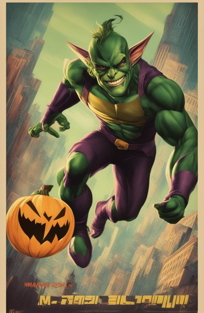 A 32k resolution vintage style poster of the Green Goblin from Marvel, printed on a 200mm vinyl medium