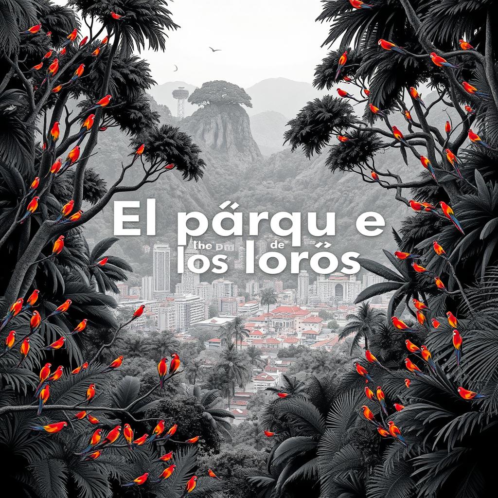 A movie poster for 'El parque de los loros', designed with a striking black and white color palette