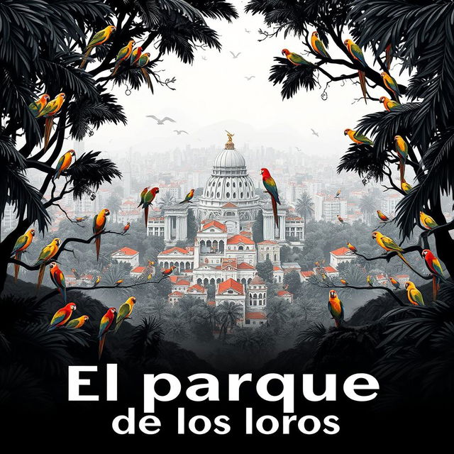 A movie poster for 'El parque de los loros', designed with a striking black and white color palette