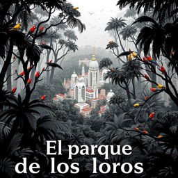 A movie poster for 'El parque de los loros', designed with a striking black and white color palette