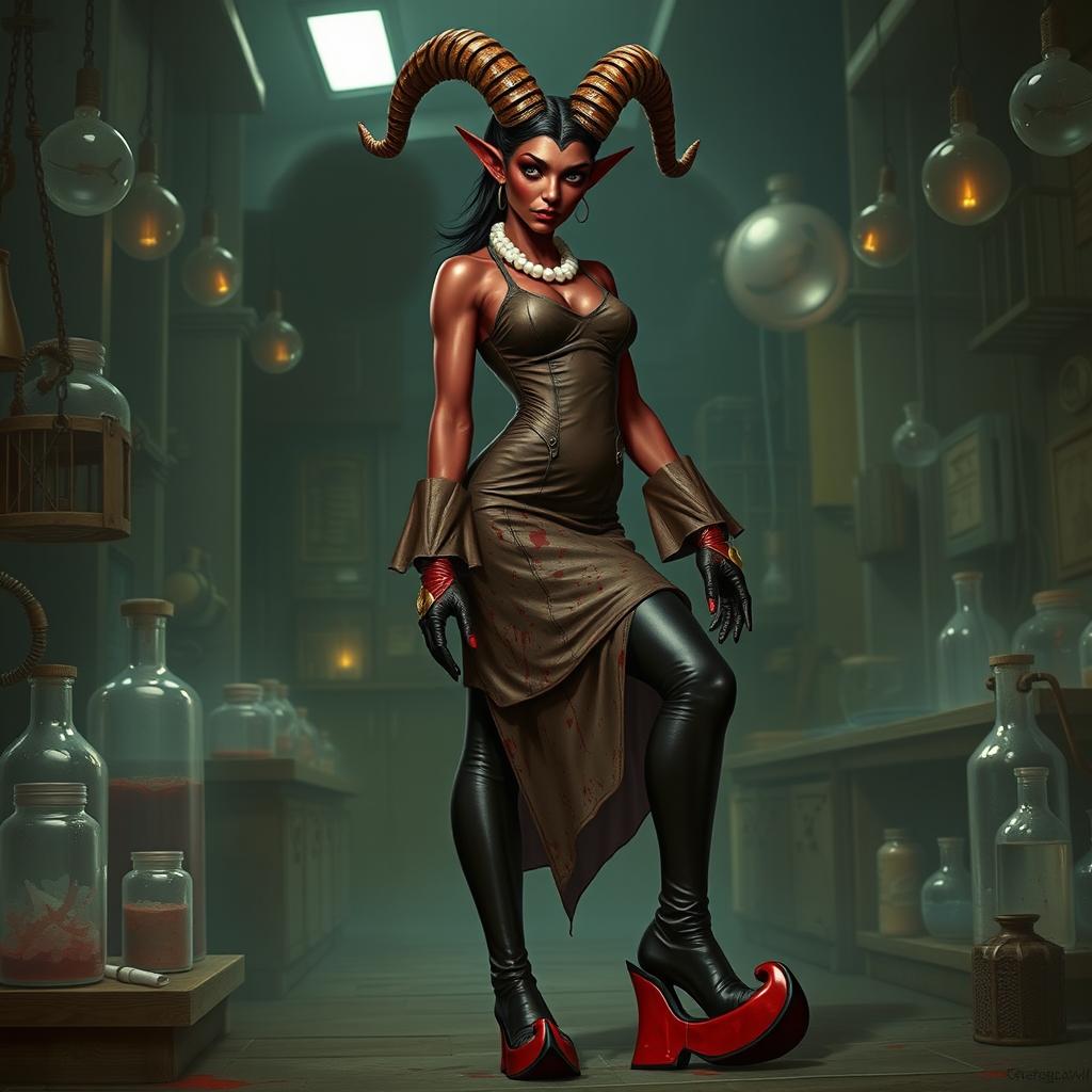 Ilanit, a striking tiefling character with crooked horns resembling those of a spiral-horned antelope, is dressed in a blood-spattered, form-flattering high-necked knee-length vintage surgical dress that accentuates her figure