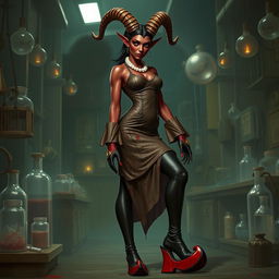 Ilanit, a striking tiefling character with crooked horns resembling those of a spiral-horned antelope, is dressed in a blood-spattered, form-flattering high-necked knee-length vintage surgical dress that accentuates her figure