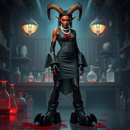 Ilanit, a striking tiefling character with crooked horns resembling those of a spiral-horned antelope, is dressed in a blood-spattered, form-flattering high-necked knee-length vintage surgical dress that accentuates her figure
