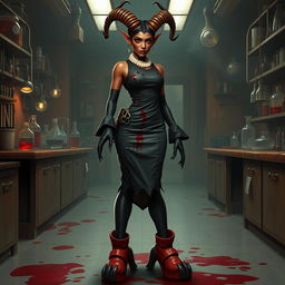 Ilanit, a striking tiefling character with crooked horns resembling those of a spiral-horned antelope, is dressed in a blood-spattered, form-flattering high-necked knee-length vintage surgical dress that accentuates her figure