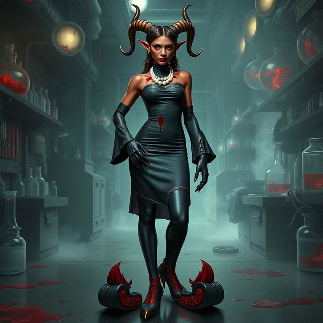 Ilanit, a striking tiefling character with crooked horns resembling those of a spiral-horned antelope, is dressed in a blood-spattered, form-flattering high-necked knee-length vintage surgical dress that accentuates her figure