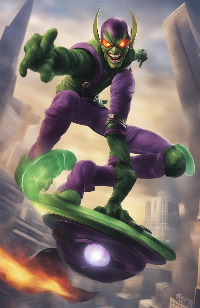 A 32k resolution poster featuring the Green Goblin from Marvel Legends on his hoverboard