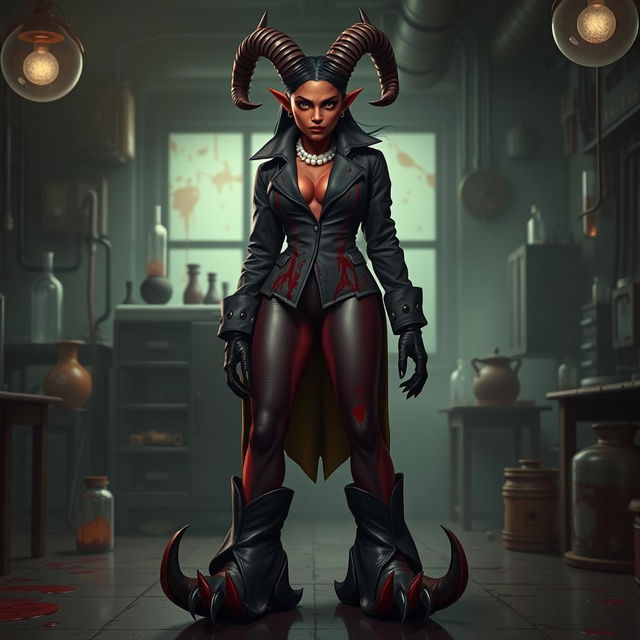 Ilanit, a striking tiefling character with crooked horns resembling those of a spiral-horned antelope, wears a blood-spattered, form-flattering high-necked knee-length vintage surgical jacket that accentuates her silhouette