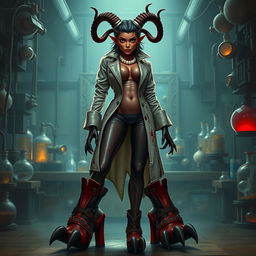 Ilanit, a striking tiefling character with crooked horns resembling those of a spiral-horned antelope, wears a blood-spattered, form-flattering high-necked knee-length vintage surgical jacket that accentuates her silhouette