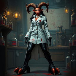 Ilanit, a striking tiefling character with crooked horns resembling those of a spiral-horned antelope, wears a blood-spattered, form-flattering high-necked knee-length vintage surgical jacket that accentuates her silhouette