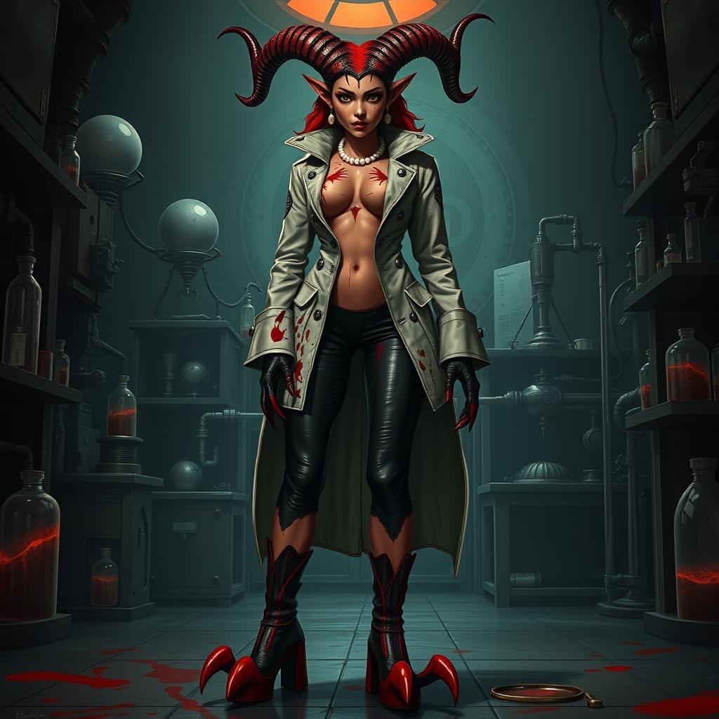 Ilanit, a striking tiefling character with crooked horns resembling those of a spiral-horned antelope, wears a blood-spattered, form-flattering high-necked knee-length vintage surgical jacket that accentuates her silhouette