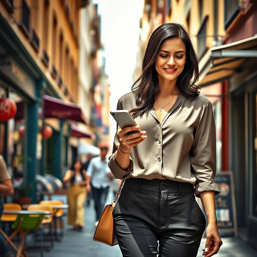 A realistic and beautifully captured woman around 30-35 years old, of European descent, with sleek dark hair and an elegant figure, casually walking through a vibrant city street