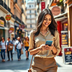 A realistic and beautifully captured woman around 30-35 years old, of European descent, with sleek dark hair and an elegant figure, casually walking through a vibrant city street