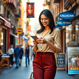 A realistic and beautifully captured woman around 30-35 years old, of European descent, with sleek dark hair and an elegant figure, casually walking through a vibrant city street