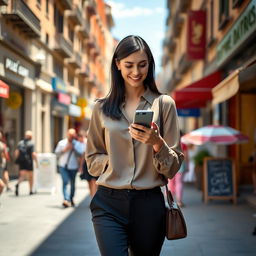 A realistic and beautifully captured woman around 30-35 years old, of European descent, with sleek dark hair and an elegant figure, casually walking through a vibrant city street