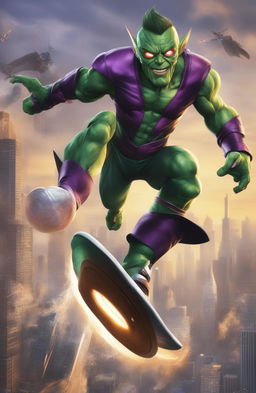 A 32k resolution poster featuring the Green Goblin from Marvel Legends on his hoverboard