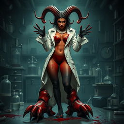 Ilanit, a mesmerizing demonic mad scientist, showcases her unique appearance with crooked horns reminiscent of a spiral-horned antelope