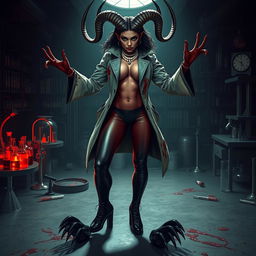 Ilanit, a mesmerizing demonic mad scientist, showcases her unique appearance with crooked horns reminiscent of a spiral-horned antelope