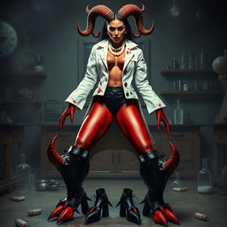 Ilanit, a mesmerizing demonic mad scientist, showcases her unique appearance with crooked horns reminiscent of a spiral-horned antelope