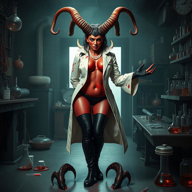 Ilanit, a mesmerizing demonic mad scientist, showcases her unique appearance with crooked horns reminiscent of a spiral-horned antelope